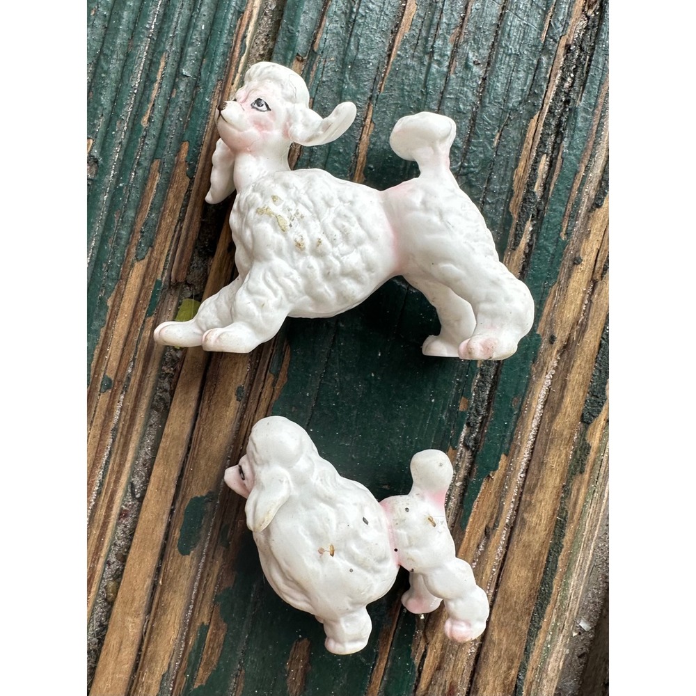 Vintage White Ceramic Poodle Figurines Set of 2 Pink Accents Mid Century Decor